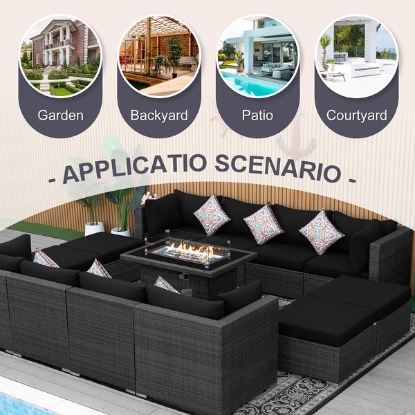 Nicesoul Outdoor Grey Wicker Sectional Furniture Patio Sofa Set with Firepit Table