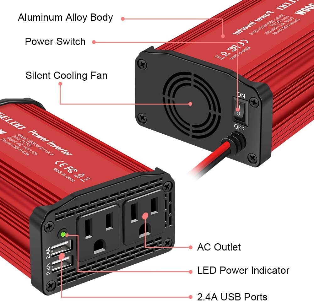 Upgraded 300W Power Inverter， DC 12V to 110V AC Car Power Converter