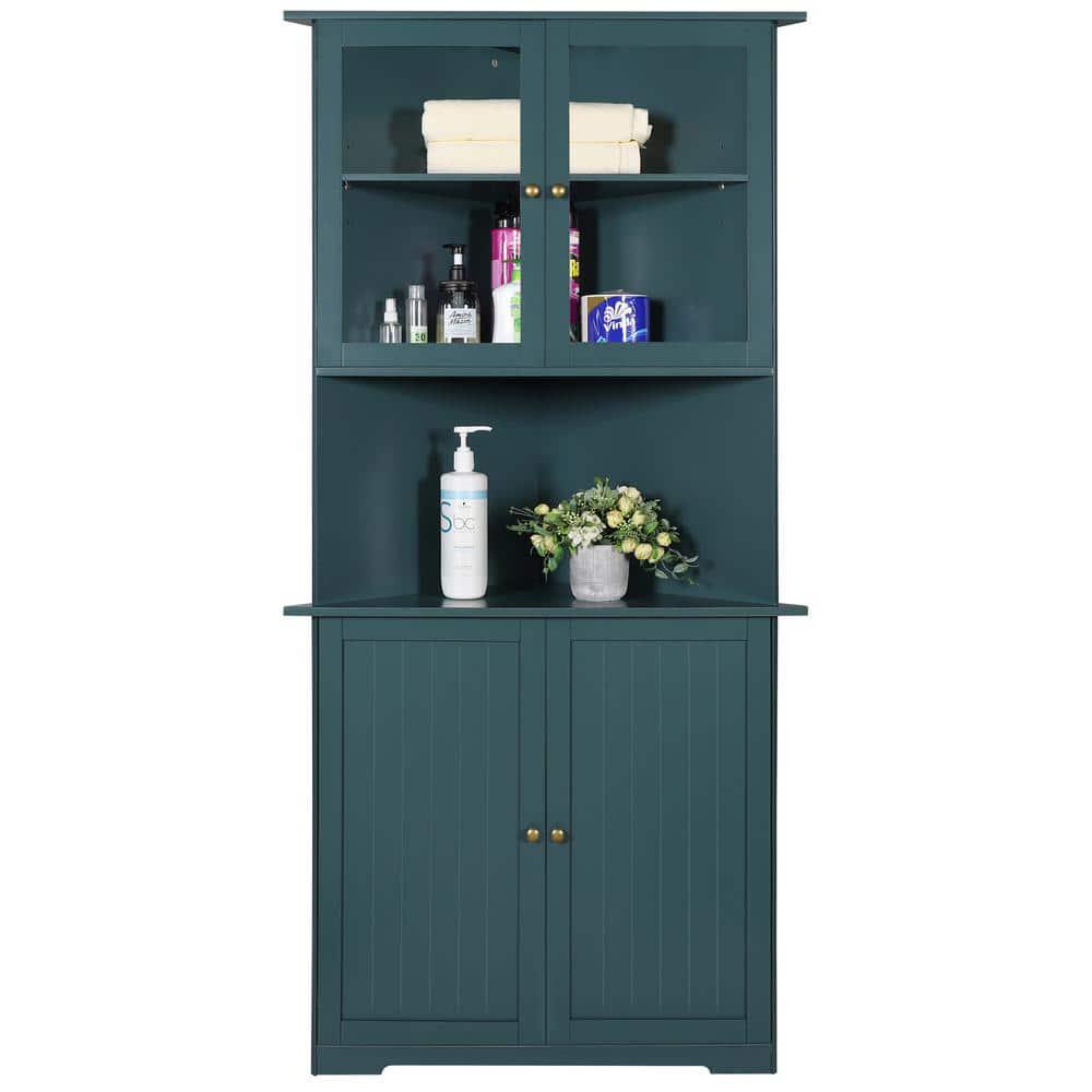 VEIKOUS 18 in W x 35 in D x 71 in H Blue Corner Linen Cabinet Storage with Adjustable Shelves and Glass Doors in Blue