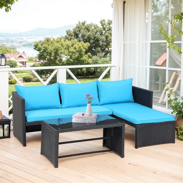 3 Pieces Patio Conversation Set，All Weather Outdoor PE Rattan Wicker Furniture Set with Cushions，Tempered Glass Coffee Table