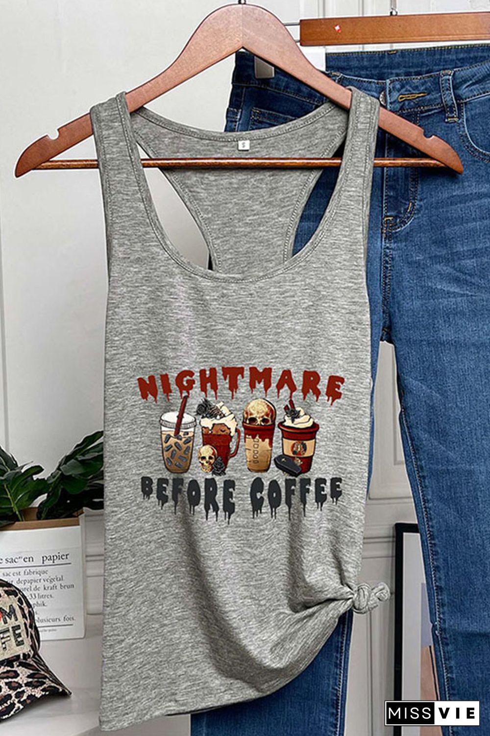 Nightmare Before Coffee Halloween Vibes O-neck Sleeveless Tank Top Wholesale