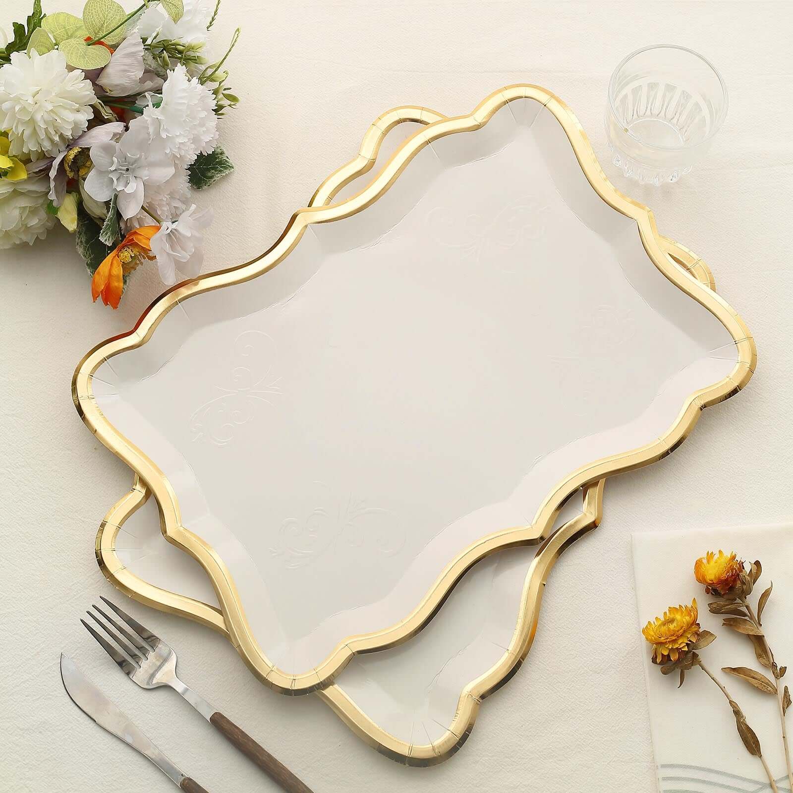 10 Pack Elegant White / Gold Rim Disposable Serving Trays, Heavy Duty 400 GSM Paper Rectangular Party Platters 14