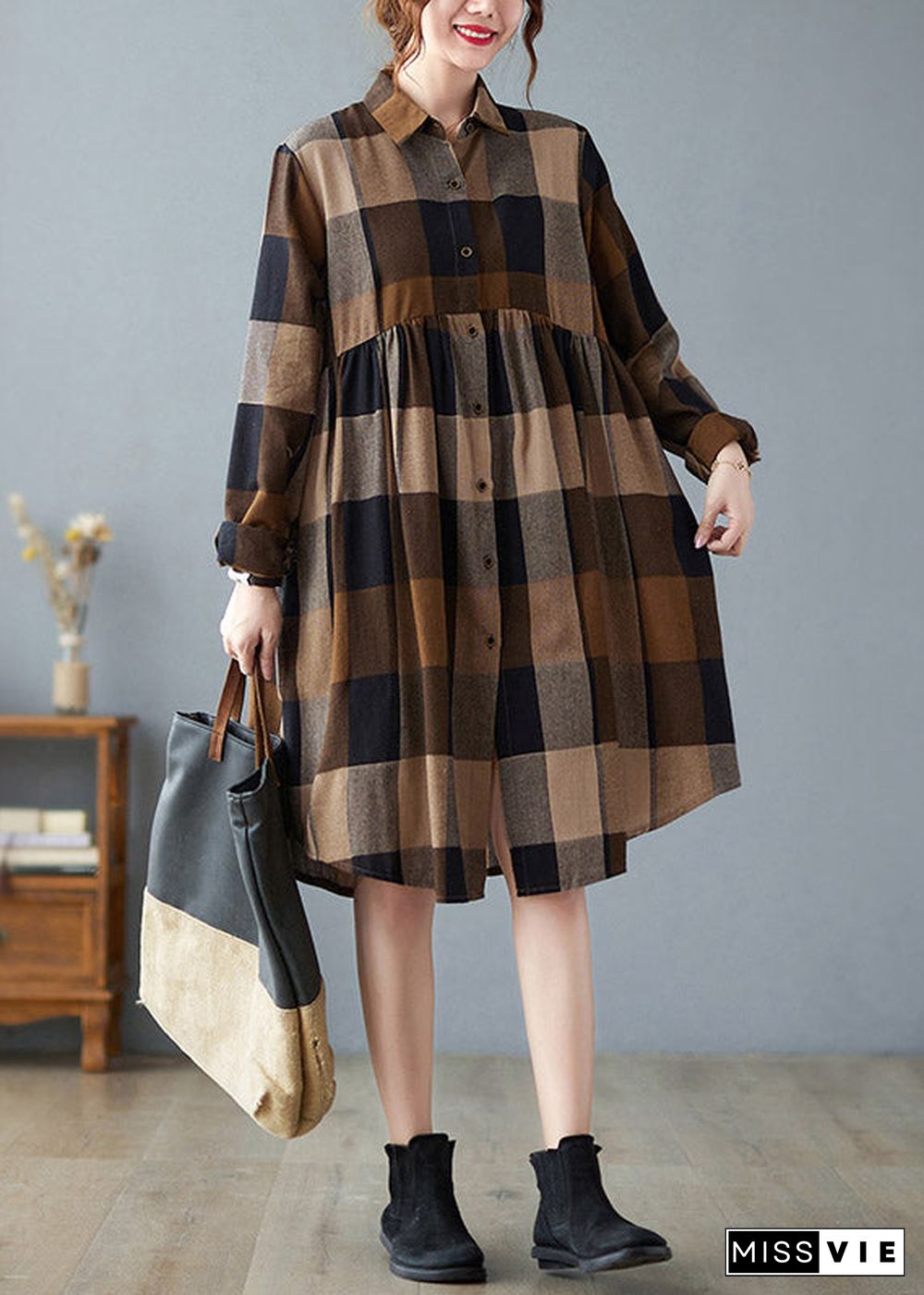 Fashion Peter Pan Collar Button Wrinkled Long Plaid Shirts Dress Long Sleeve