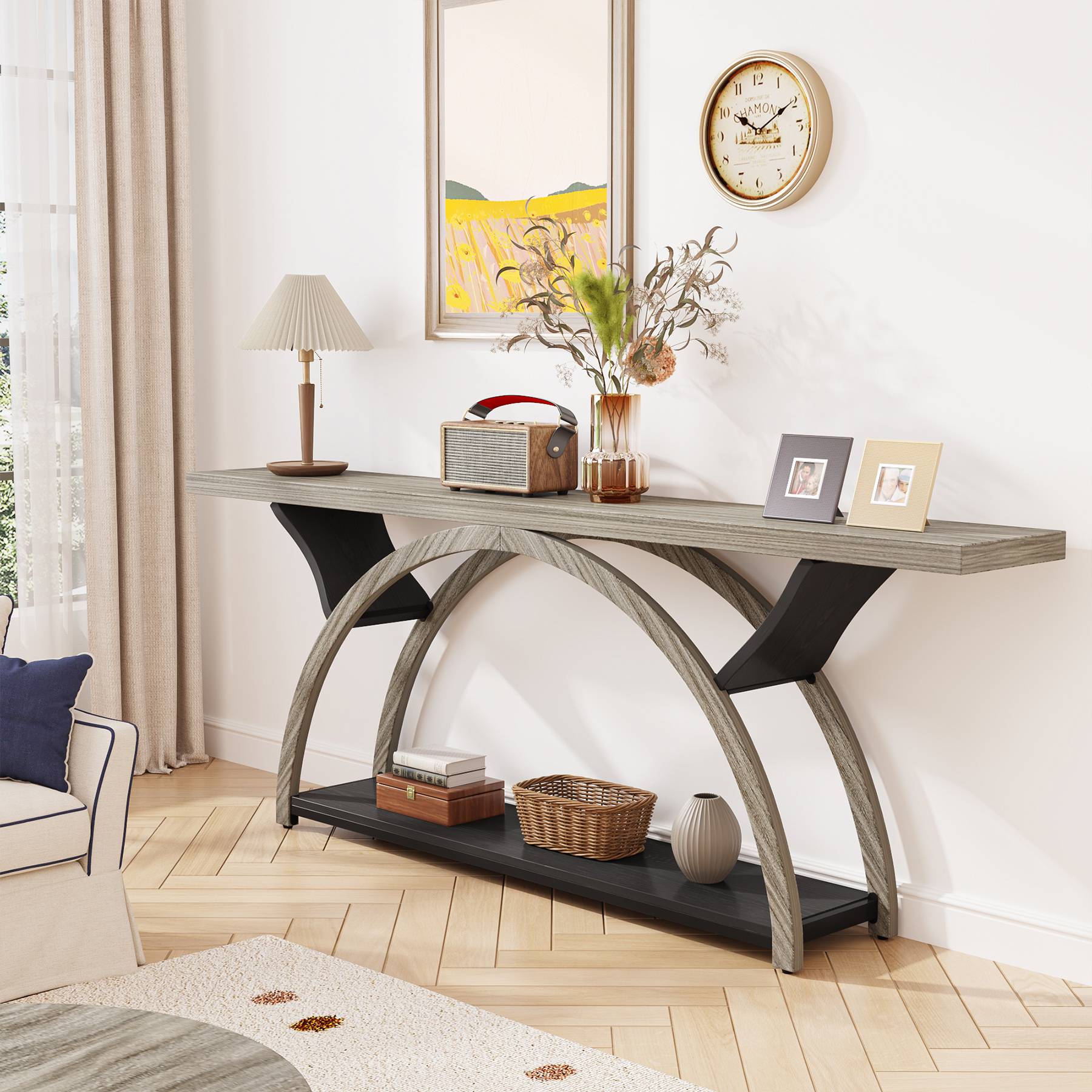 2-Tier Console Table, 70.9 Entryway Table with Half Moon Frame