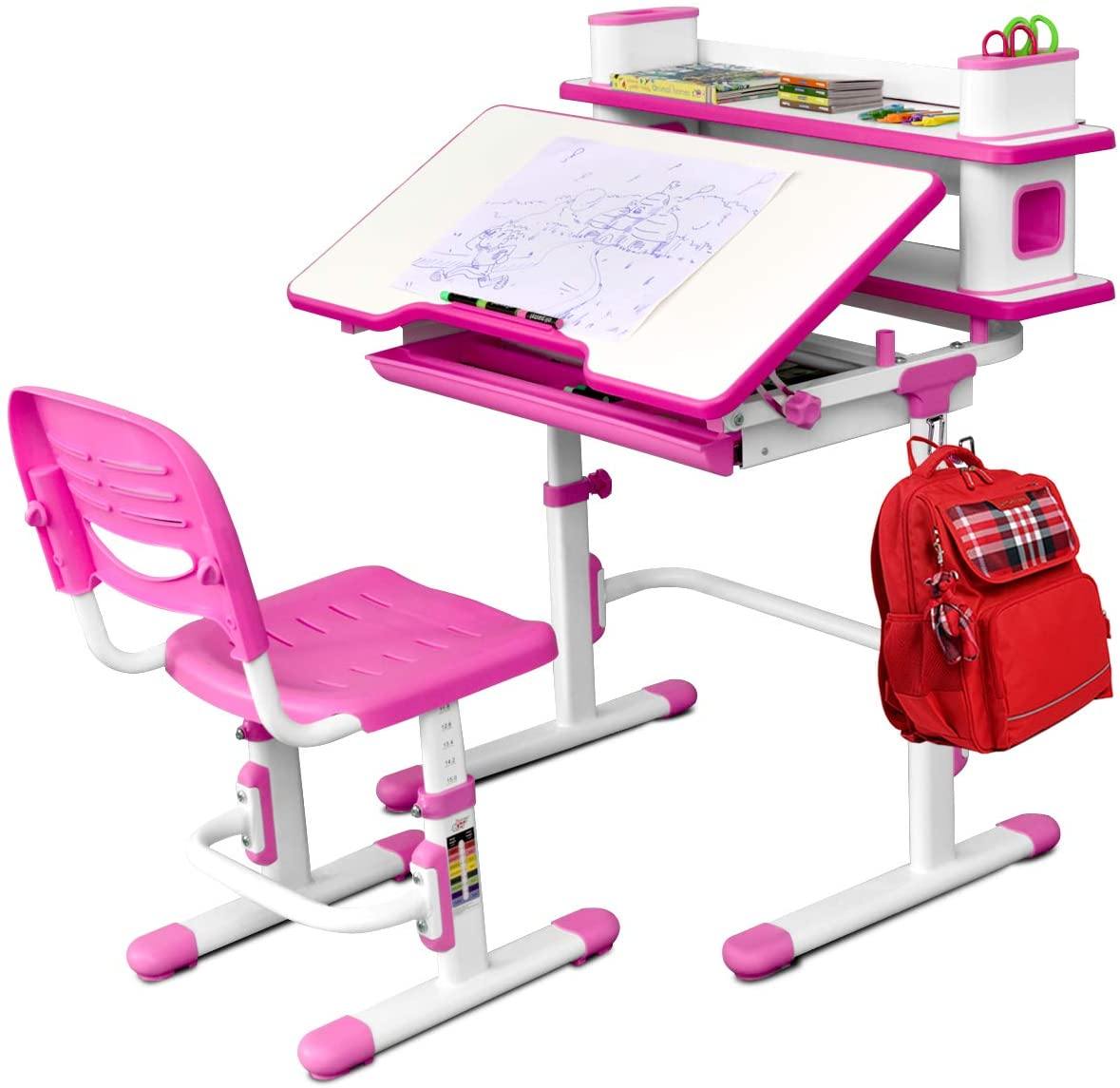 Baby Joy Kids Desk and Chair Set, Height Adjustable, Student Study Table with Storage Drawer