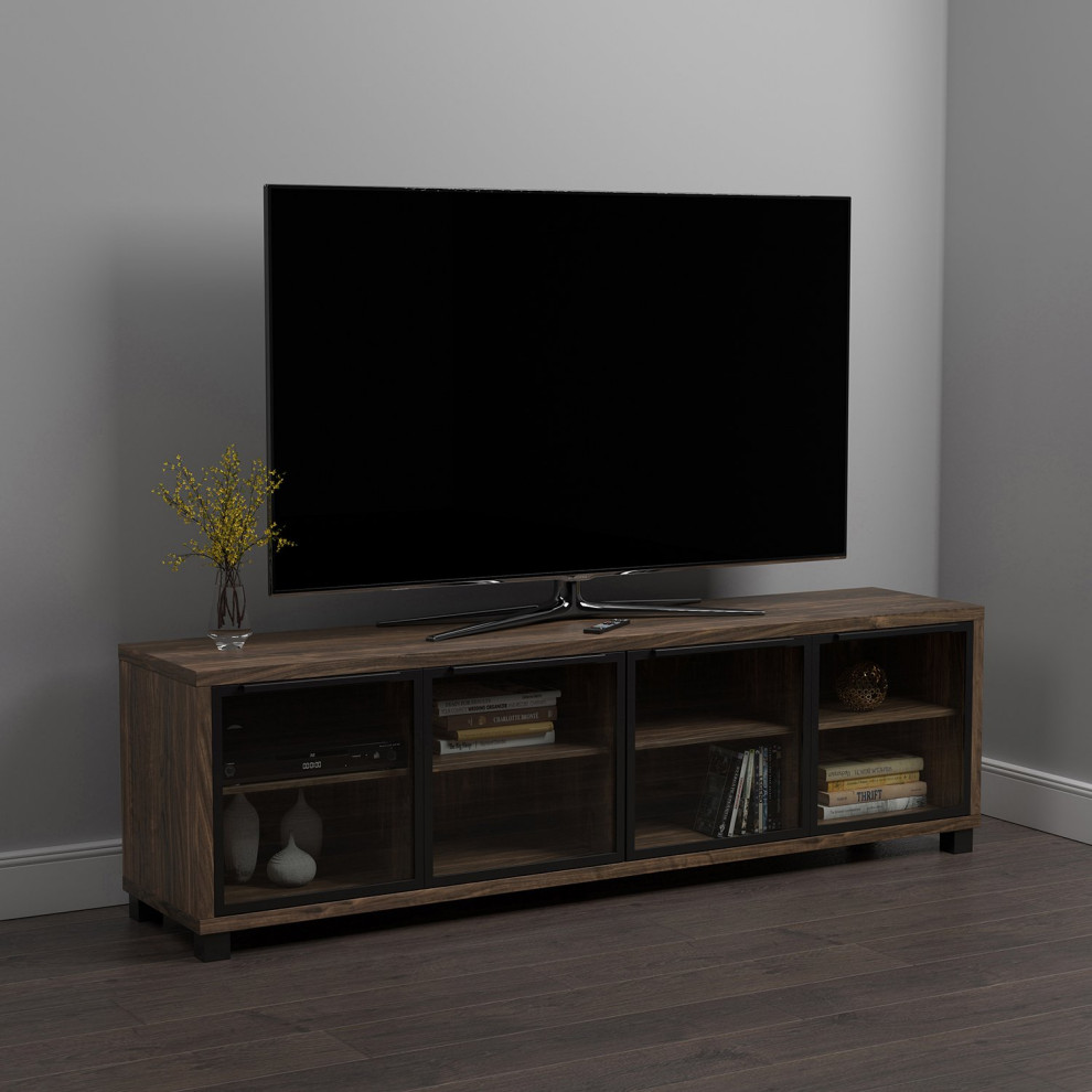 TV Stand  Rectangular Top With Glass Doors and Storage Shelves  Aged Walnut   Transitional   Entertainment Centers And Tv Stands   by Declusia  Houzz