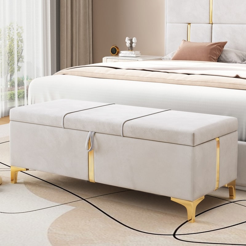 Elegant Style Large Upholstered Storage Ottoman  Storage Bench with Metal Legs  Modern Bed End Bench