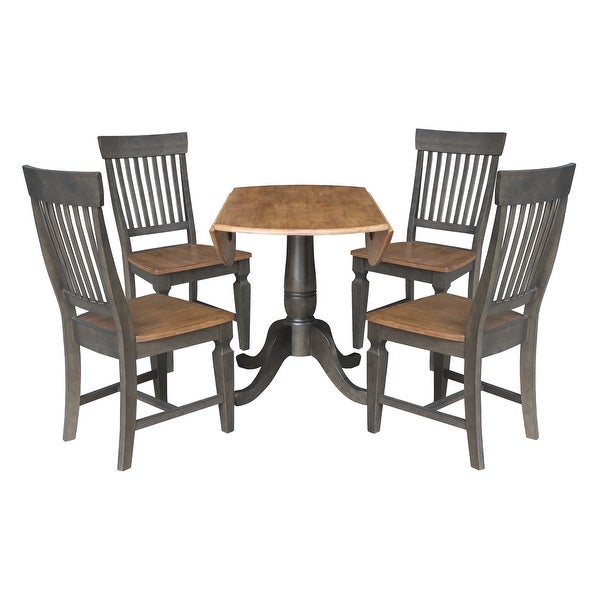 42 in. Round Dual Drop Leaf Dining Table with 4 Slatback Chairs - 5 Piece Set - Hickory/Washed Coal