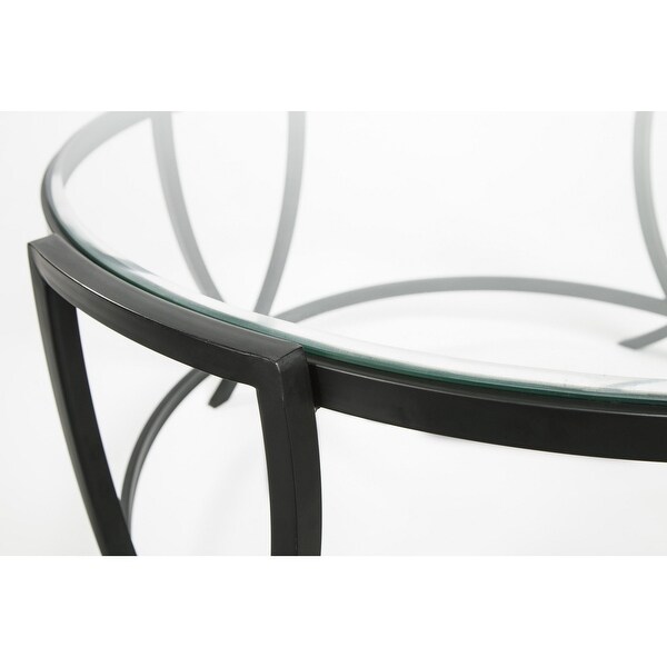 Contemporary Round Table Set with Glass Top and Geometric Metal Body， Black - 3 pieces