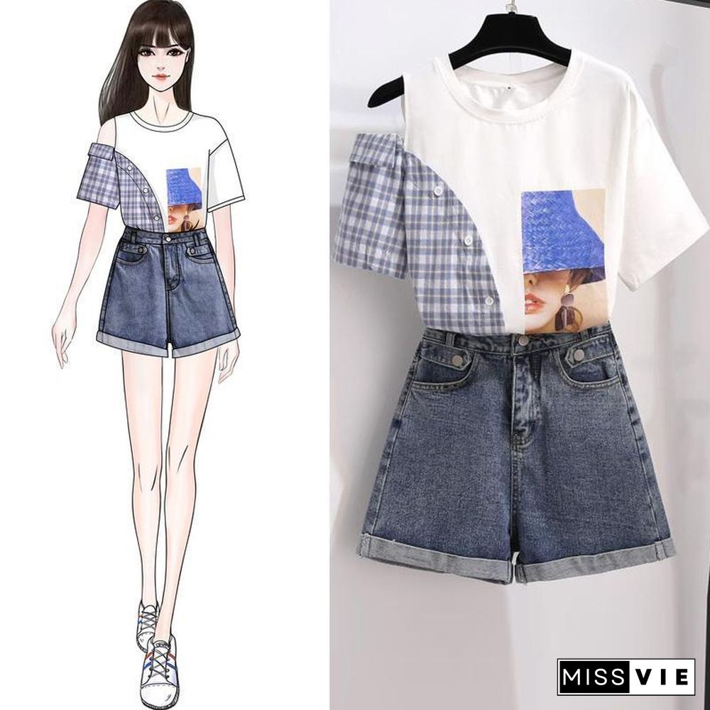 Off Shoulder Print T-shirt +Denim Shorts P13636