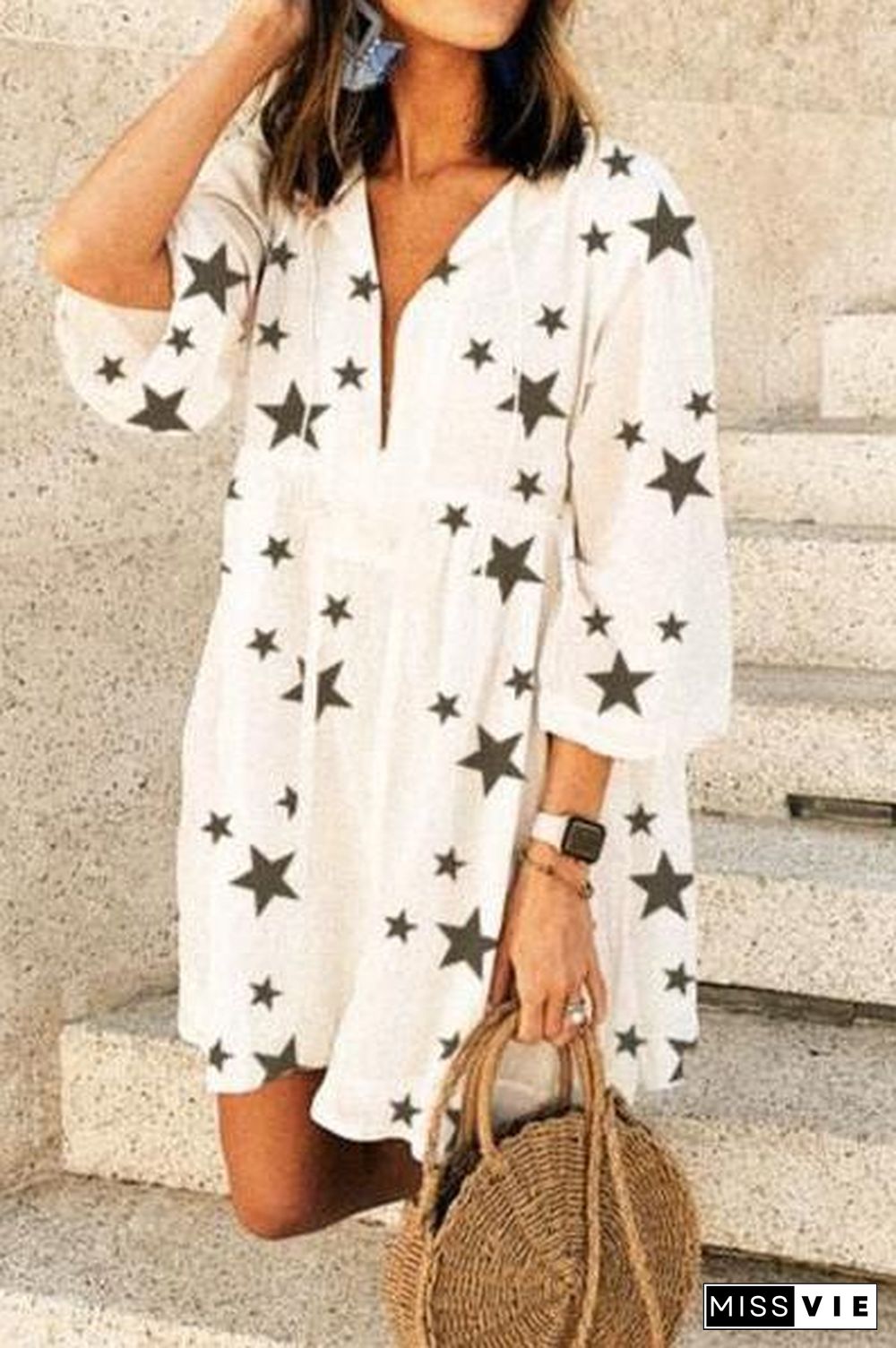 Sweet Star Print V-Neck Tassel Dress