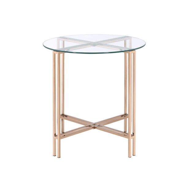 End Table with X Shaped Metal Base and Round Glass Top， Gold