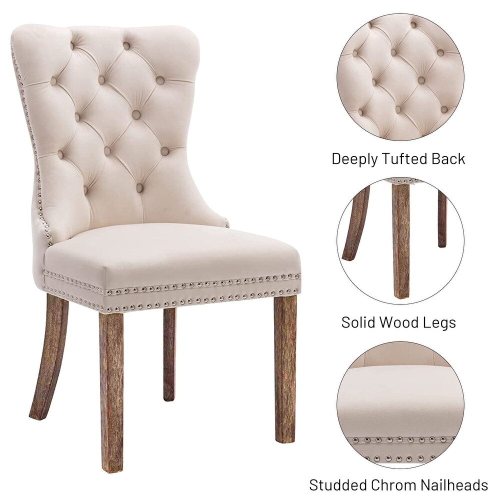 Set of 2 Velvet Dining Chairs Tufted Solid Wood Armless Chairs Accent Chair with Nailhead Trim and Back Ring Pull