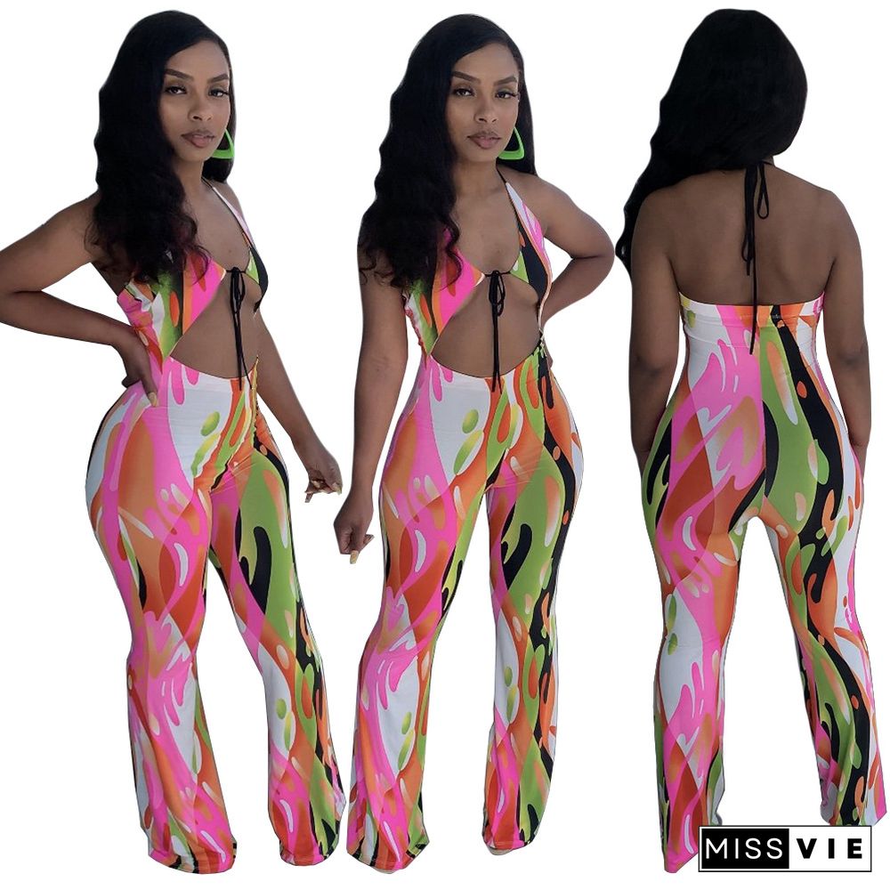 Elegant Printed Women Sleveeless Halter Hollow Out Party Clubwear Summer One Piece Wide Leg Jumpsuit