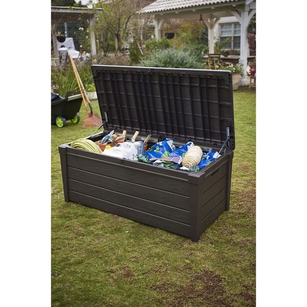 Keter Large 120 Gallon Waterproof All weather Resistant Wood Panel Outdoor Deck Garden Storage Box Bench Brown