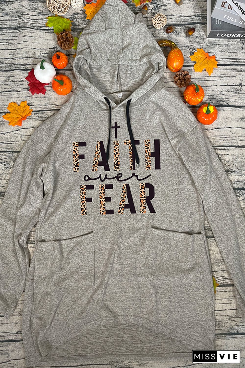 Faith Over Fear Half Leopard Black Print Pockets Hooded Dress Wholesale