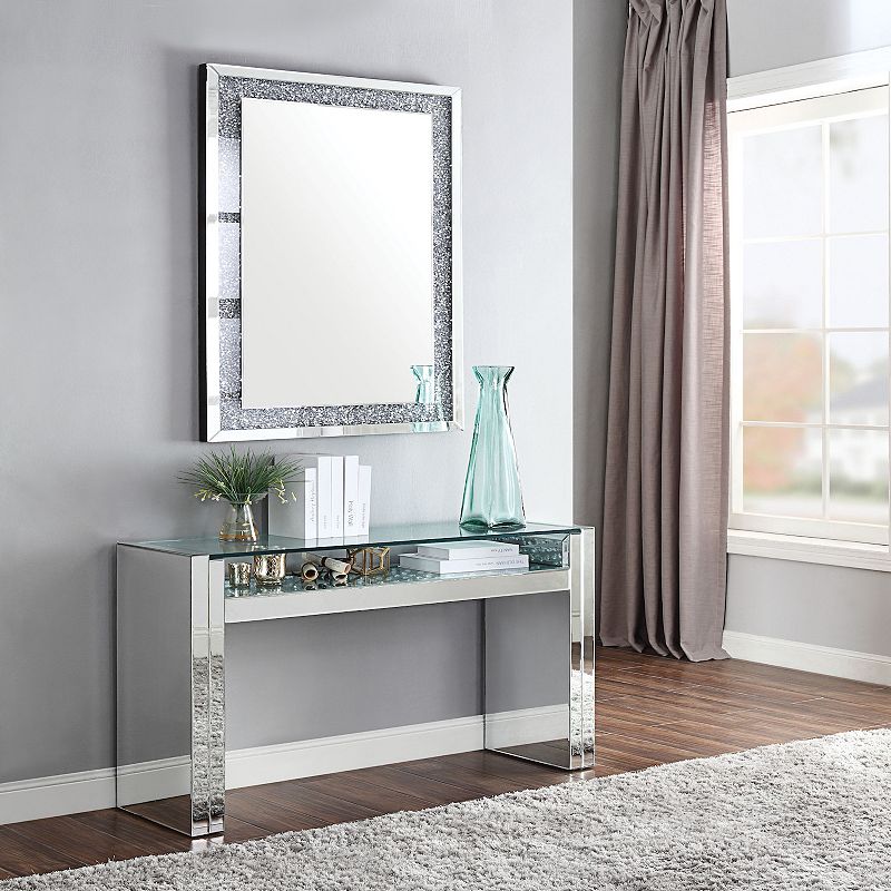 Wood and Mirror Sofa Table with Studded Faux Crystals， Clear