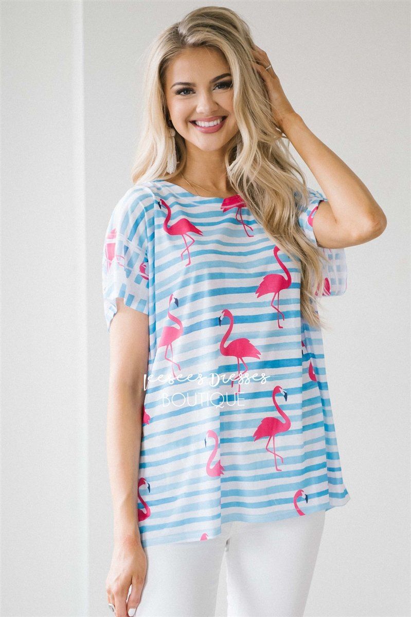 Flamingo Print Striped Top