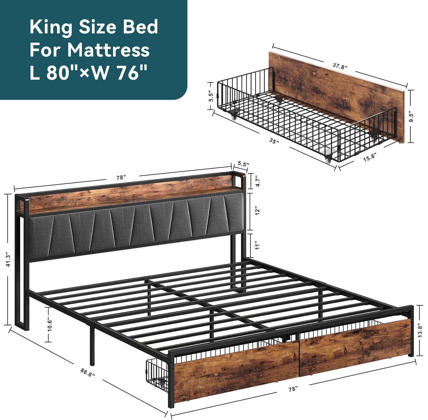 Platform Bed Frame with Storage Headboard, Charging Station and Drawers