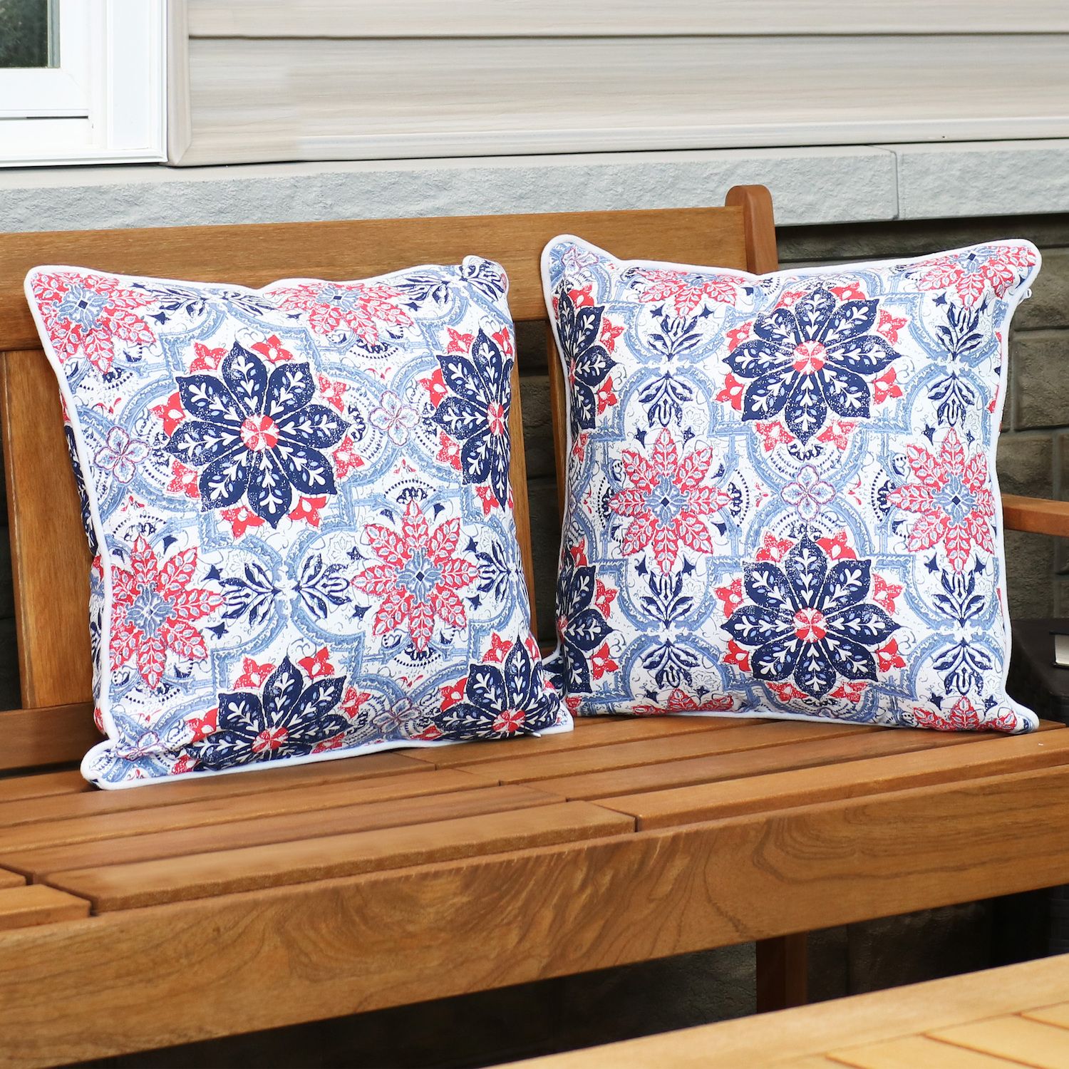 Sunnydaze Set of 2 Outdoor Throw Pillows - 16-Inch - Red and Blue Floral