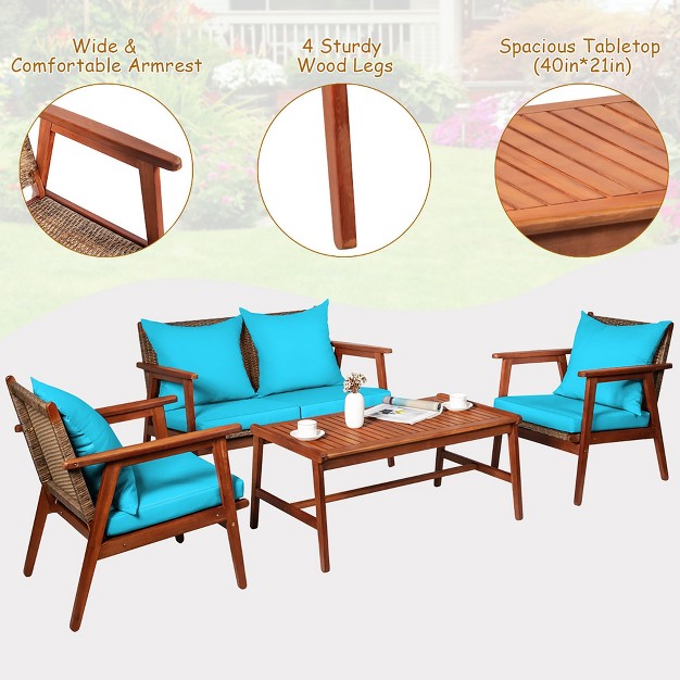 Costway 4pcs Patio Rattan Furniture Set Acacia Wood Frame Cushioned Sofa Chair Turquoise