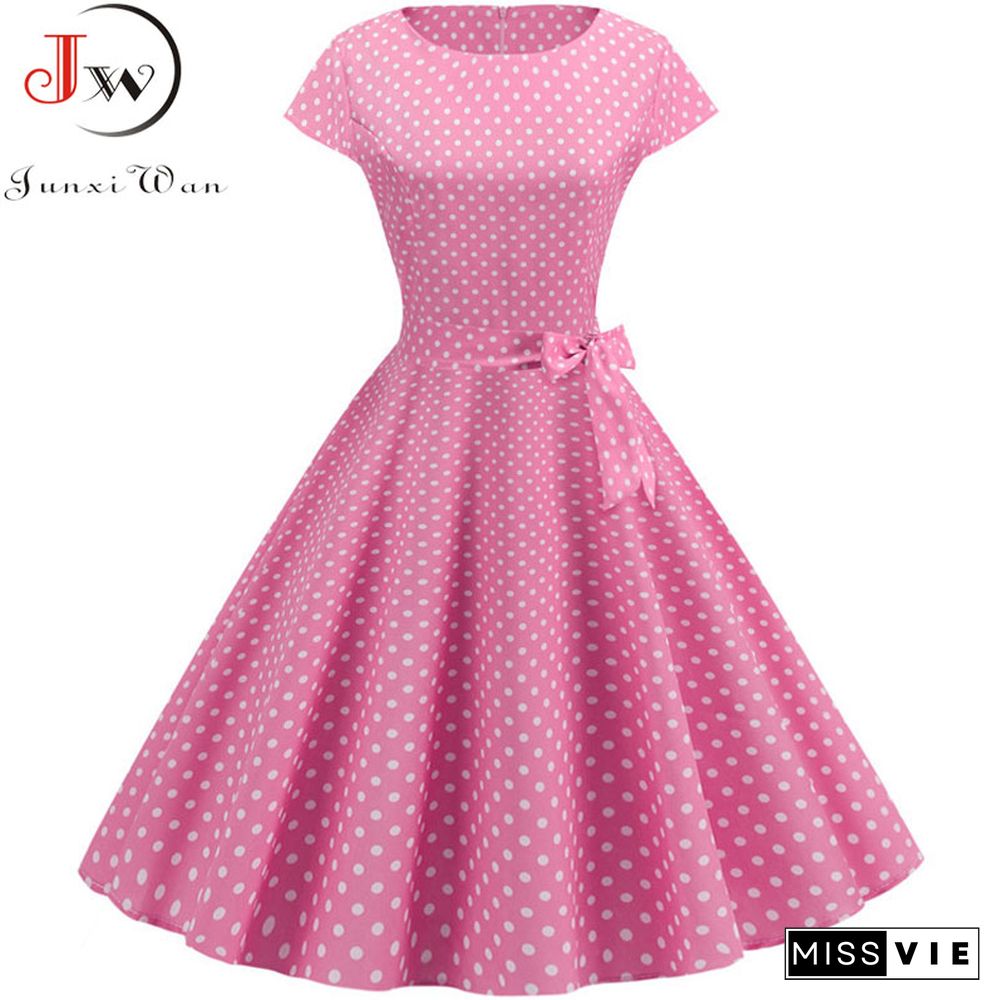 Women Summer Dresses Robe Vintage 1950s 60s Pin Up Big Swing Party Work Wear Rockabilly Dress White Polka Dot Vestidos