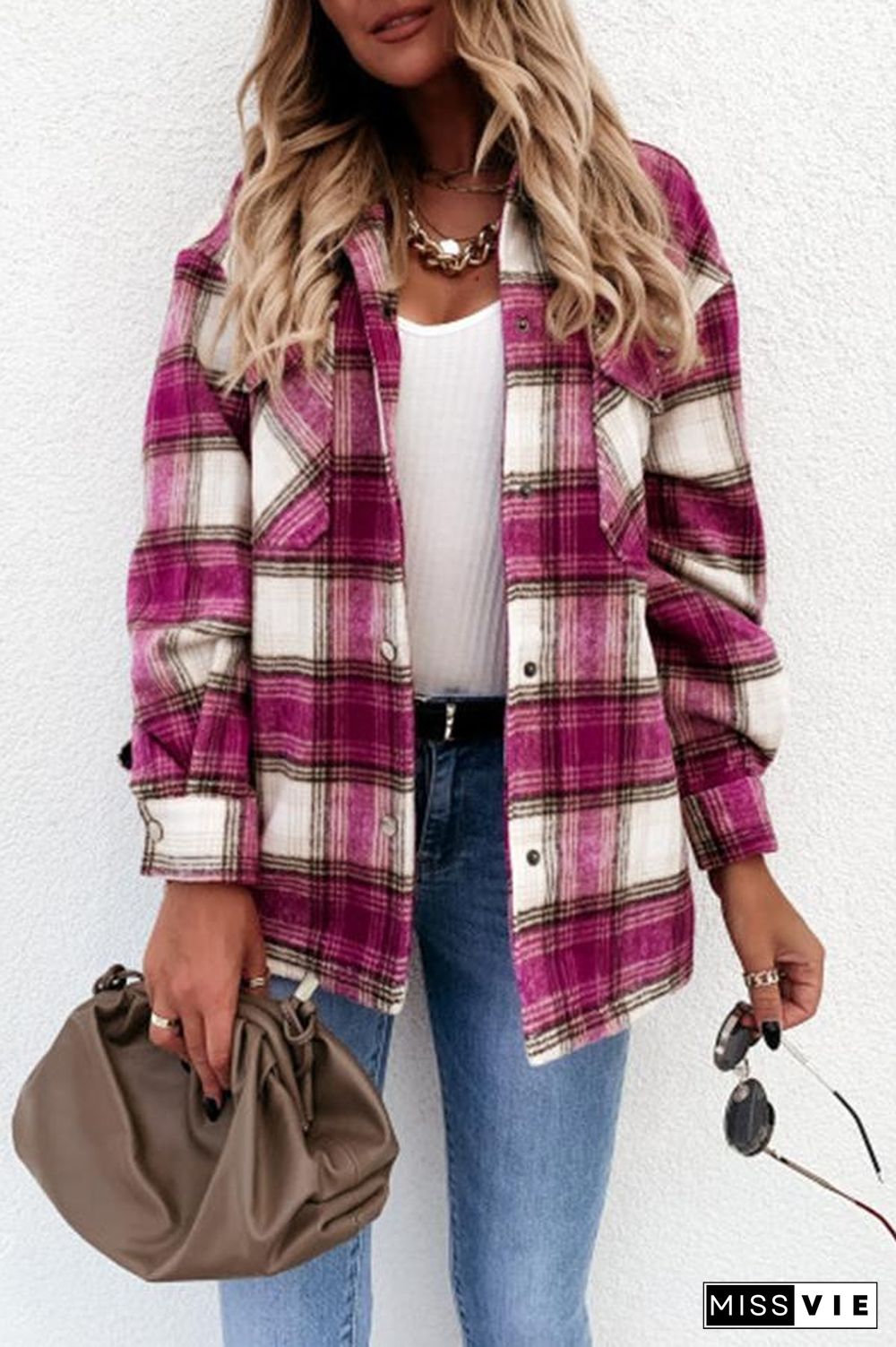 Long Sleeve Plaid Shirt Collar Jacket P13325