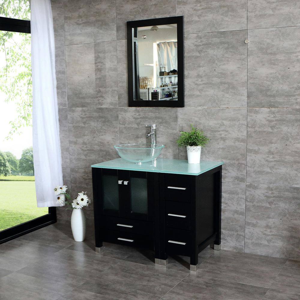 Wonline 36 in. W x 21.3 in. D x 29.1 in. H Single Sink Bath Vanity in Black with Glass Top and Mirror 4181+4182+4075