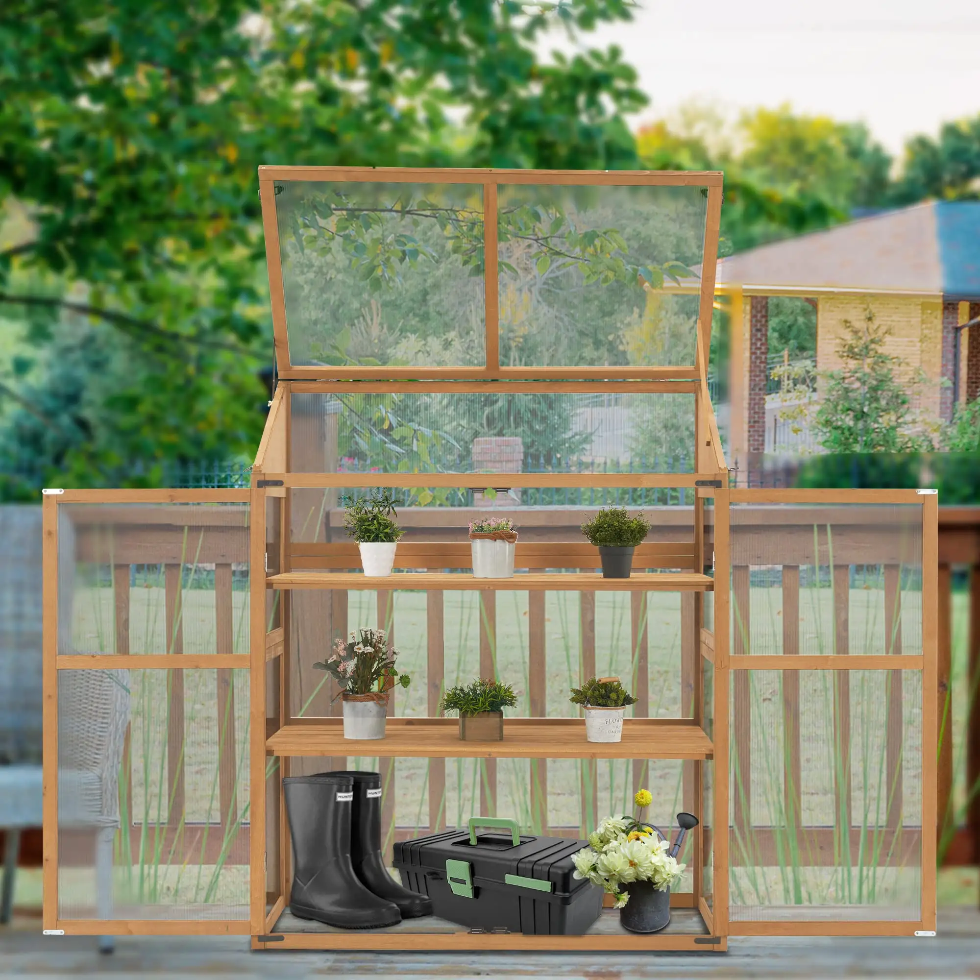 Cold Frame Greenhouse  Large Wooden Greenhouse Cabinet  Garden Cold Frame with Adjustable Shelves for Outdoor