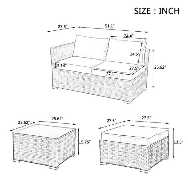 4Piece Outdoor Wicker Sofa Set with Tempered Glass Top Table