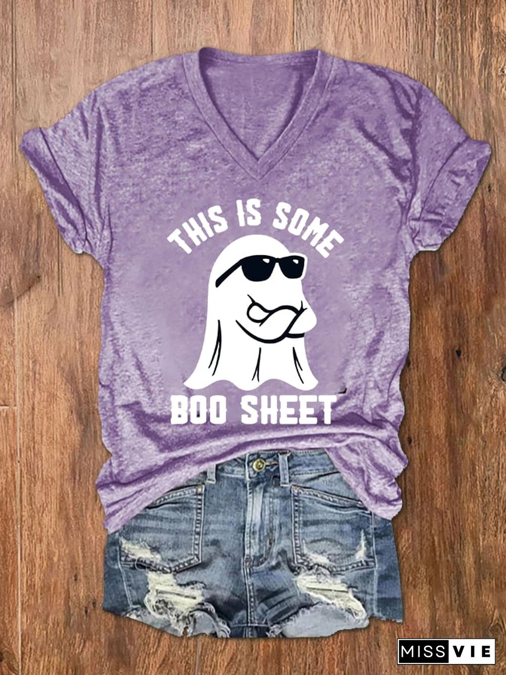 Women's Halloween This Is Some Boo Sheet Print V-Neck T-Shirt