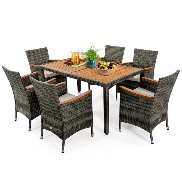 Costway 7pcs Patio Rattan Dining Set Acacia Wood Table Cushioned Chair Mix Gray