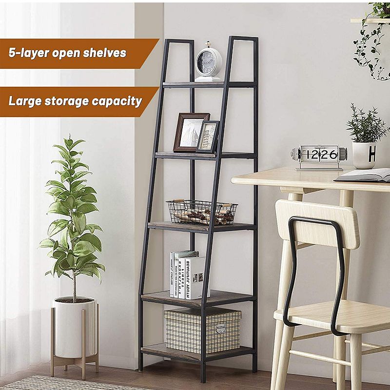 JOMEED Freestanding Industrial 5 Tier Open Shelf Ladder Bookcase， Gray and Brown