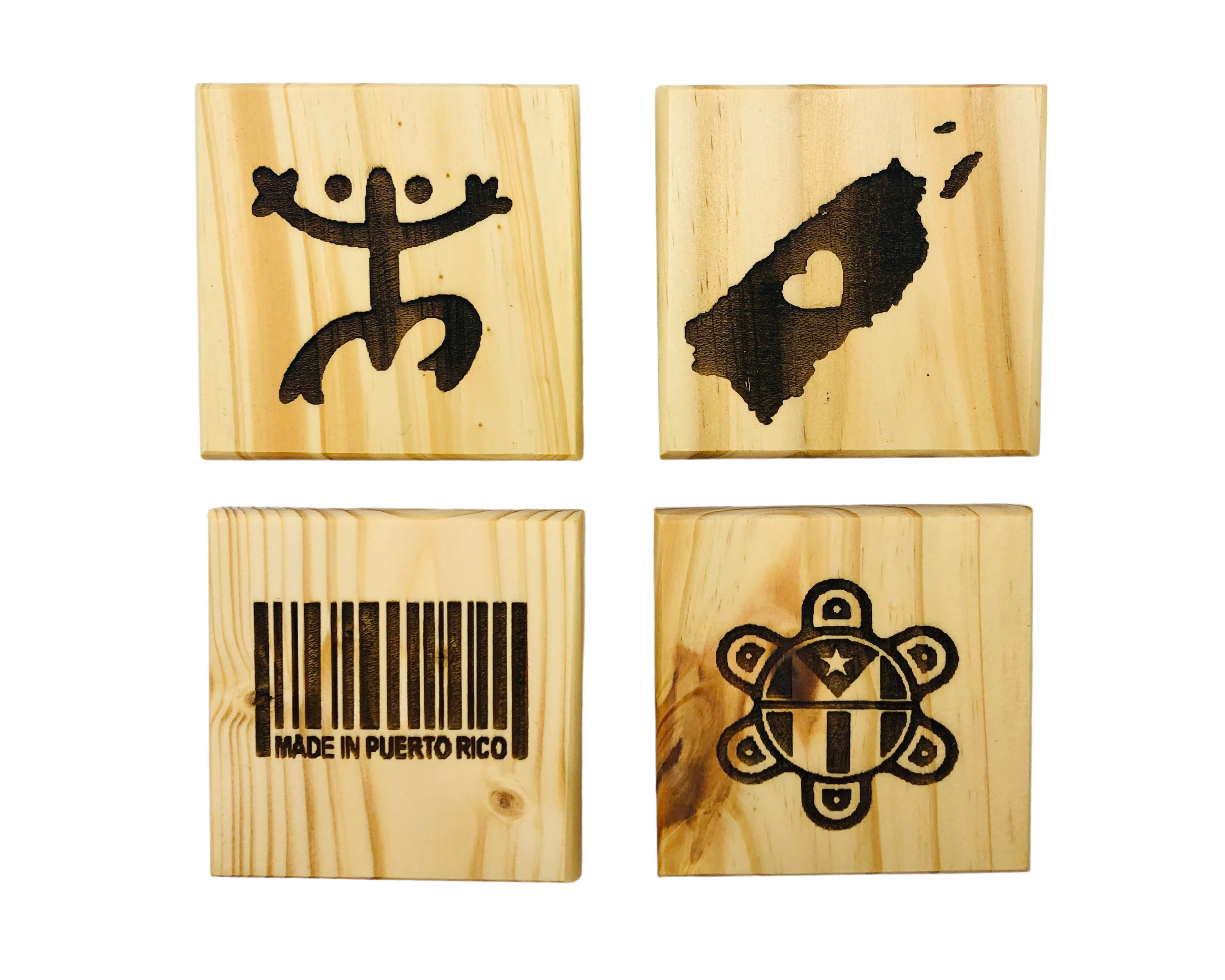 Puerto Rican Pride Coasters: Permanent Engraved Gift Set of 4 Wood Coasters. Coqui Symbol， Made in Puerto Rico Barcode， Puerto Rico Map and Taino Sun