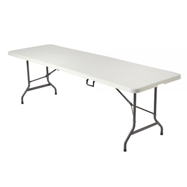 Molded Plastic Top Folding Table， 8' Wide Fold in Half， Platinum