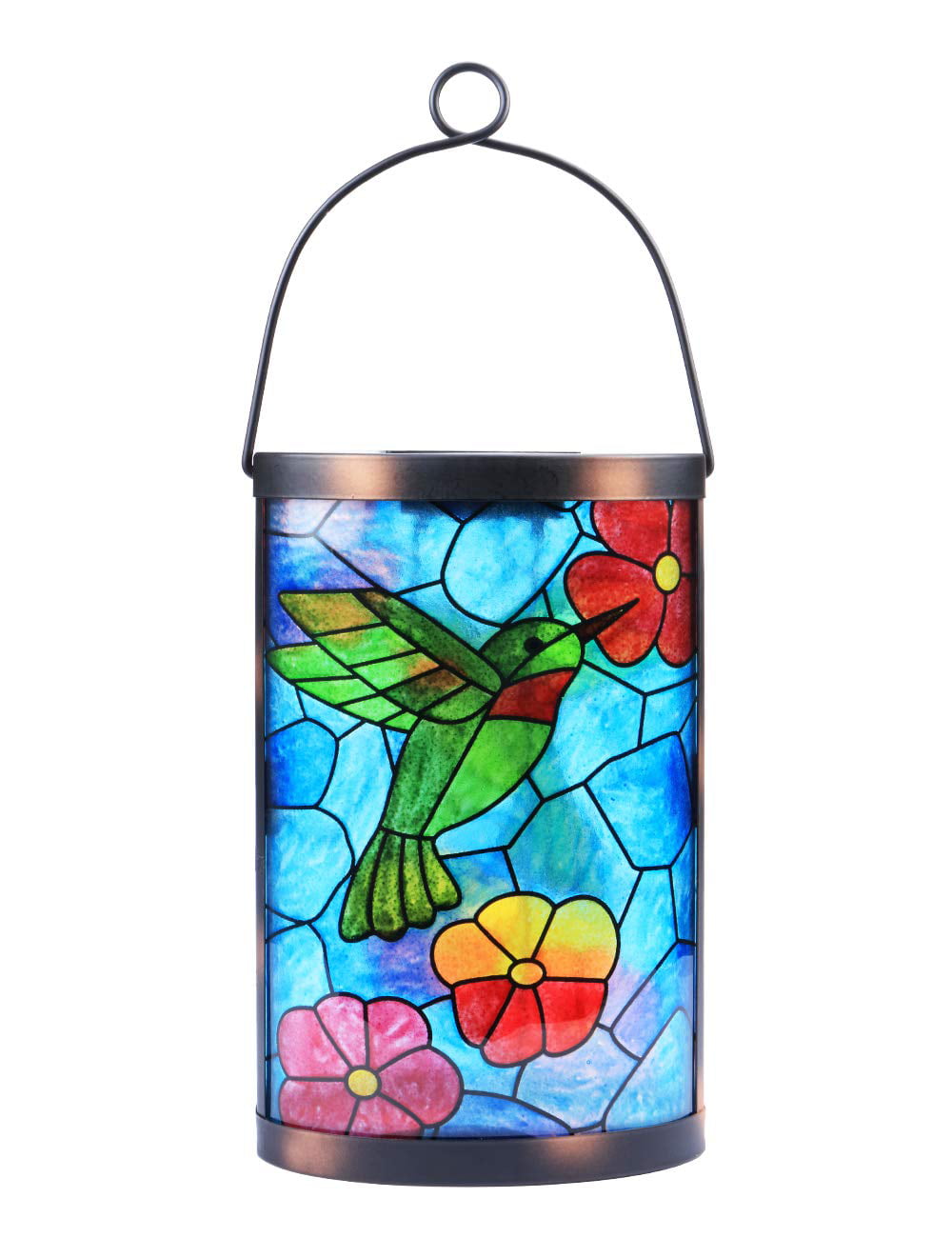 Solar Lantern Outdoor Waterproof Hummingbird LED Lights Blue Glass Lamp for Garden