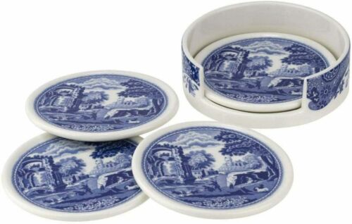 Spode Blue Italian 4 Piece Ceramic Coasters with Holder