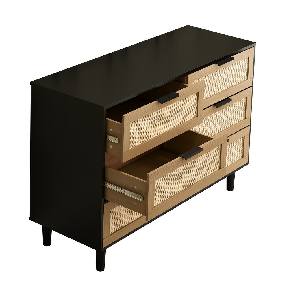 Black Rattan Drawer Dresser with 6 Drawers  Ideal for Bedroom and Living Room