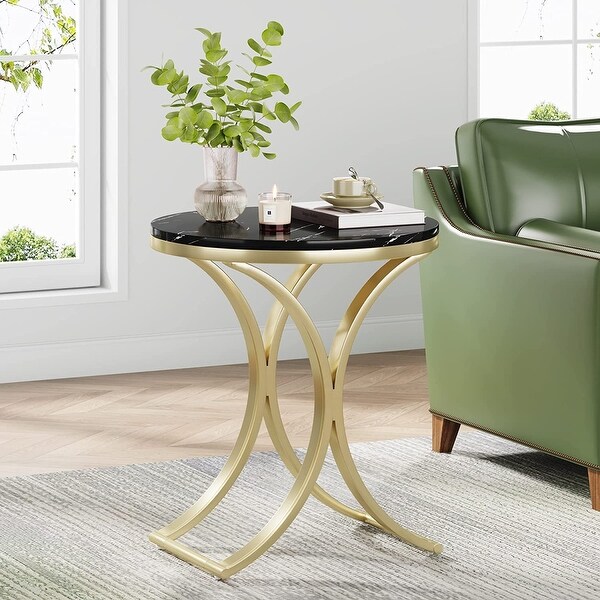 White/ Gold Modern Round End Side accent Table with Faux Marble Top， C Shaped Gold Legs Entryway Tables