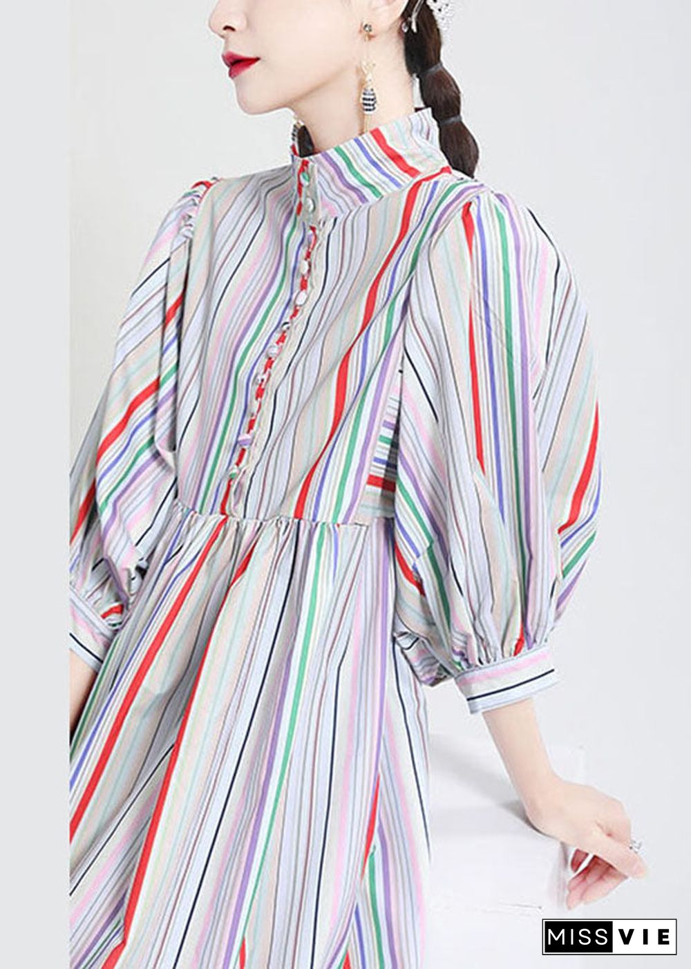 Fashion Stand Collar Multi Striped Puff Sleeve Cotton Party Dress