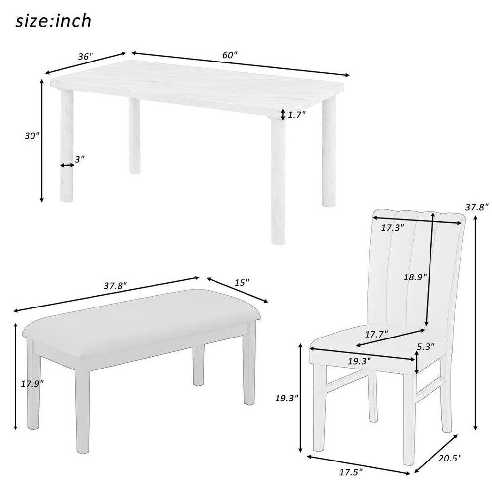 6 Piece Dining Table Set with Marble Veneer Table and 4 Upholstered Chairs   Bench