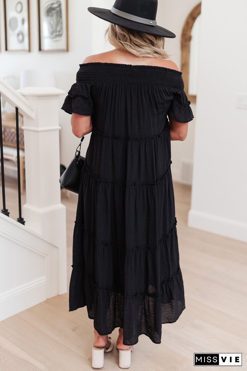 Black Plus Size Smocked Off Shoulder Frill Tiered Maxi Dress