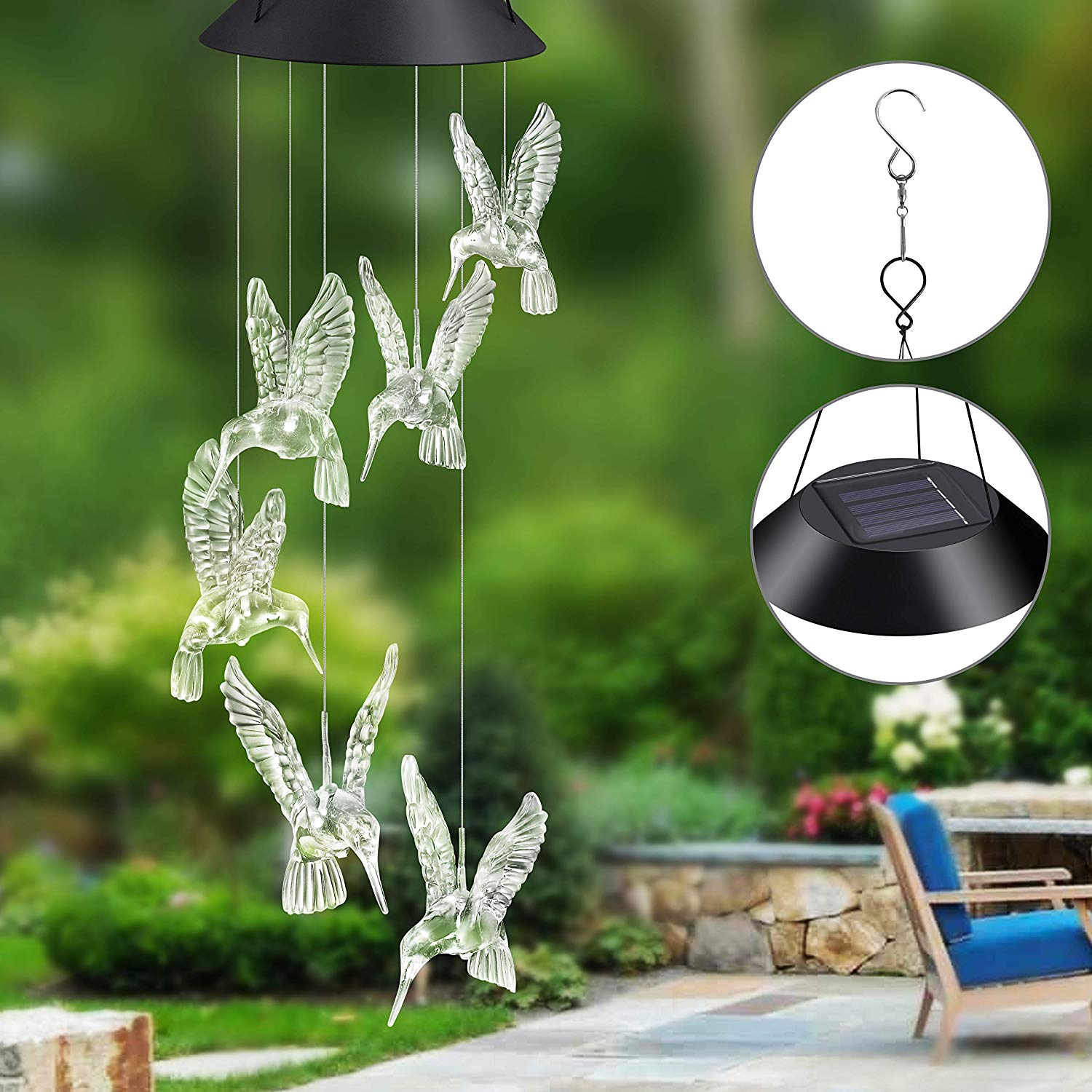 Color-Changing LED Solar Mobile Wind Chime LED Changing Light Color Waterproof Six Hummingbird Wind Chimes for Home Party Night Garden Decoration(Hummingbird)