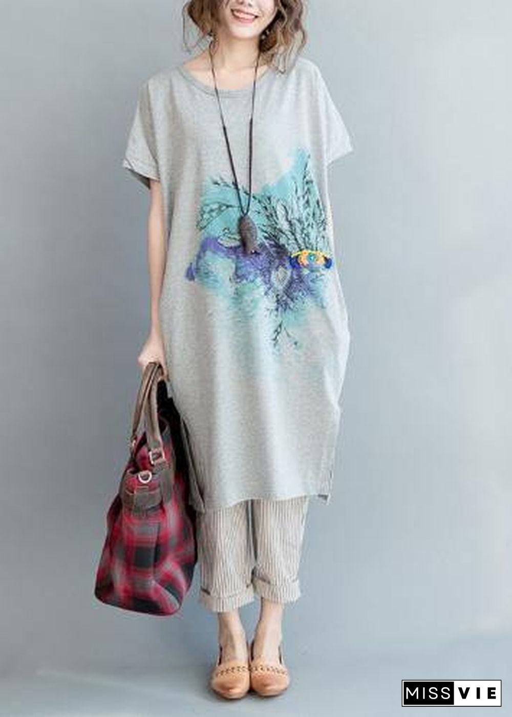 Organic Grey Print Cotton side open Summer Vacation Dresses