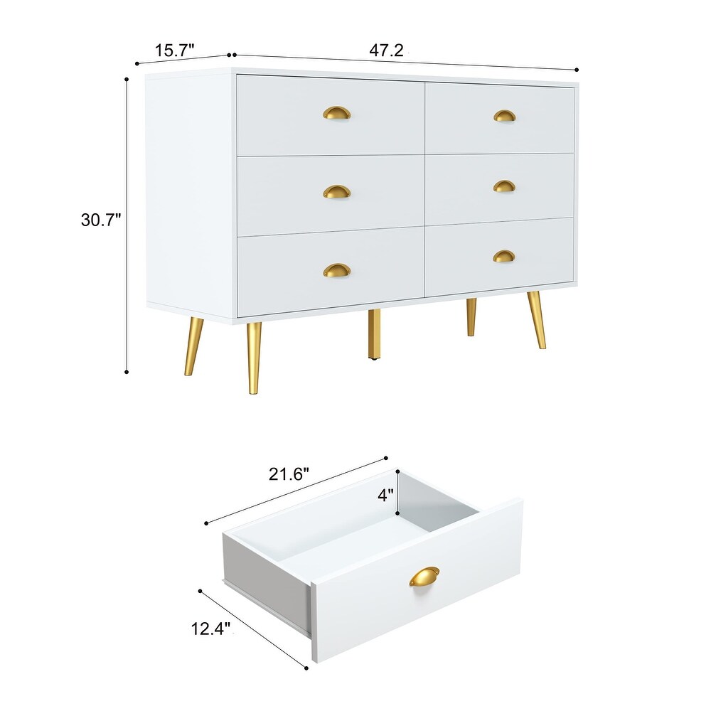 Modern Dresser for Bedroom  6 Drawer Dresser with Wide Drawers and Metal Handles  Wooden Double Dressers   Chest of Drawers