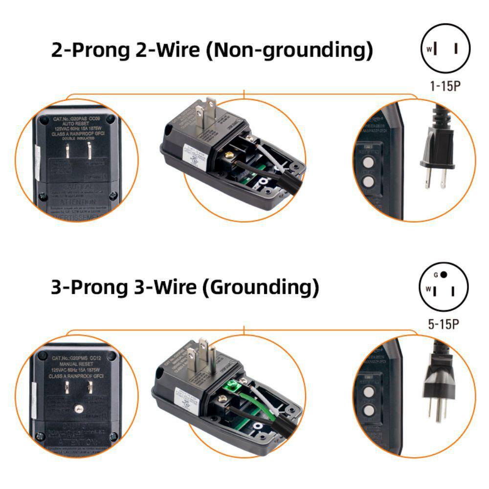 ELEGRP 1 ft. 15 Amp Auto Reset 3 Prong in-line Portable GFCI Replacement Plug Assembly EG20CA0201-5P