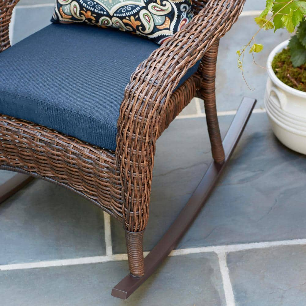 Hampton Bay Cambridge Brown Wicker Outdoor Patio Rocking Chair with CushionGuard Midnight Navy Blue Cushions 65-17148BR