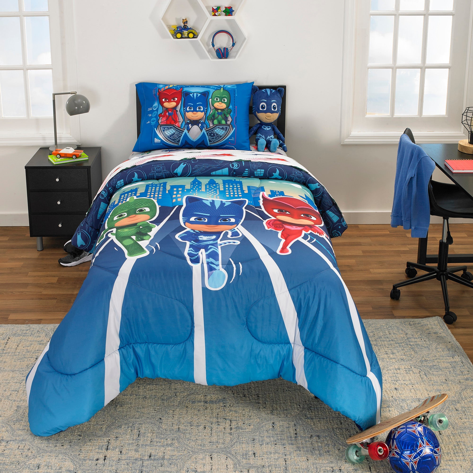 PJ Masks Kids Twin Bed in a Bag, Comforter and Sheets, Blue, Hasbro