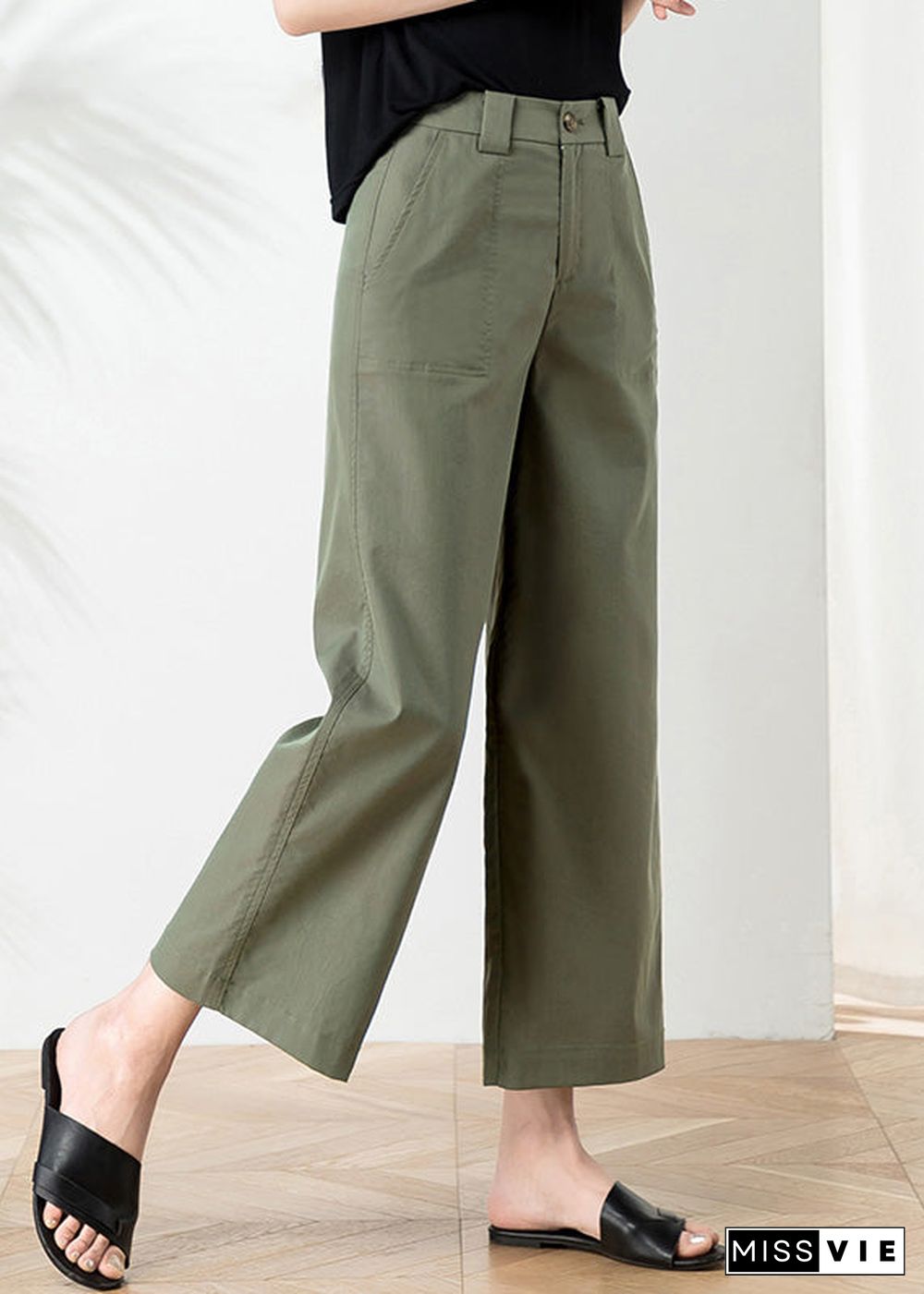 Women Khaki High Waist Button Crop Pants Summer