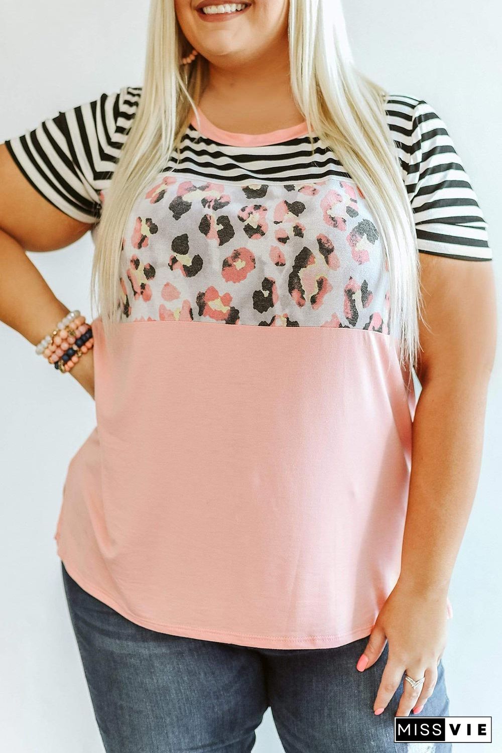 Stripes Leopard Colorblock Plus Size Short Sleeve Top